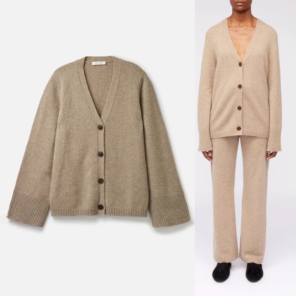 Toteme Cashmere Cardigan Sweater Beige Button Up Ribbed Trim V-Neck Large - Picture 1 of 13